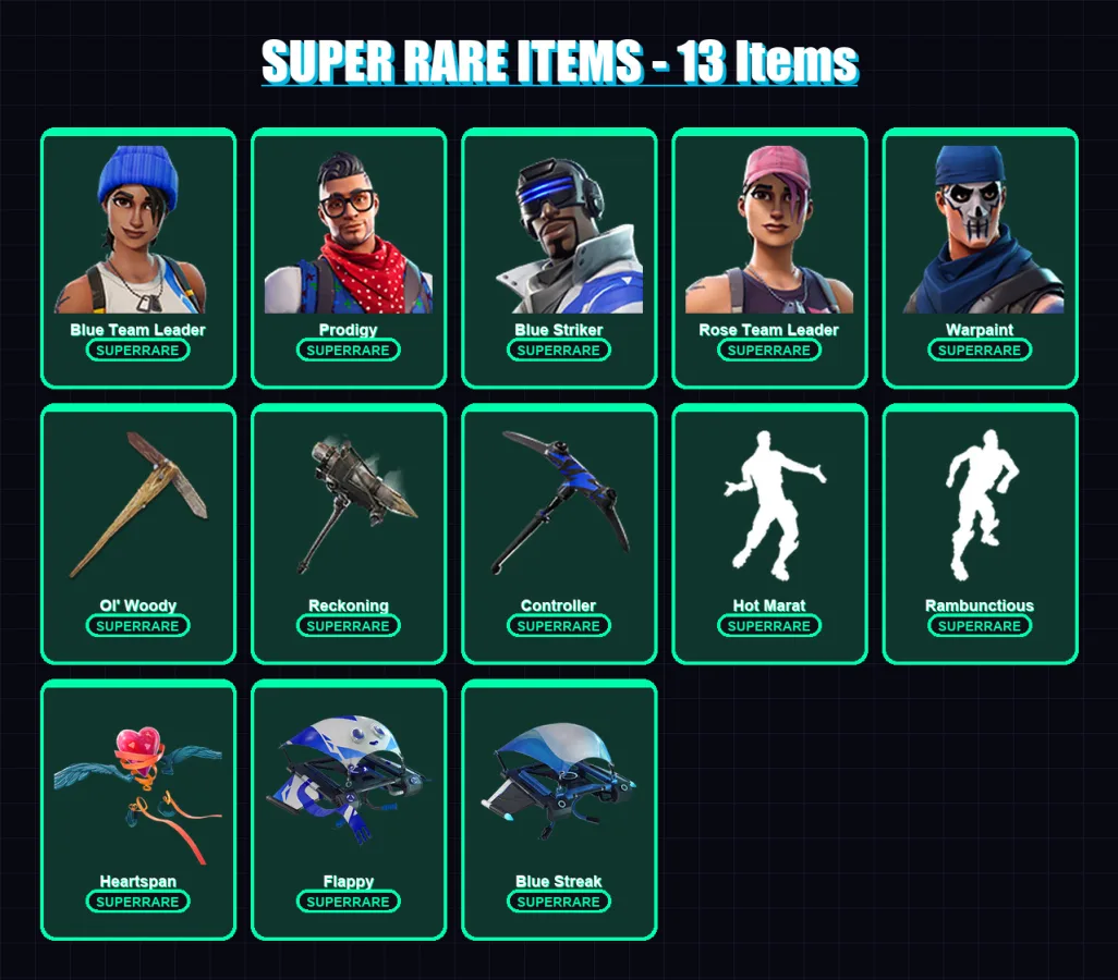 [PC/XBOX/PSN] | Blue Team Leader | Prodigy | Blue Striker | Rose Team Leader | Warpaint | 66 skin | 50 pickaxe | 78 emote | 52 glider | Lv662