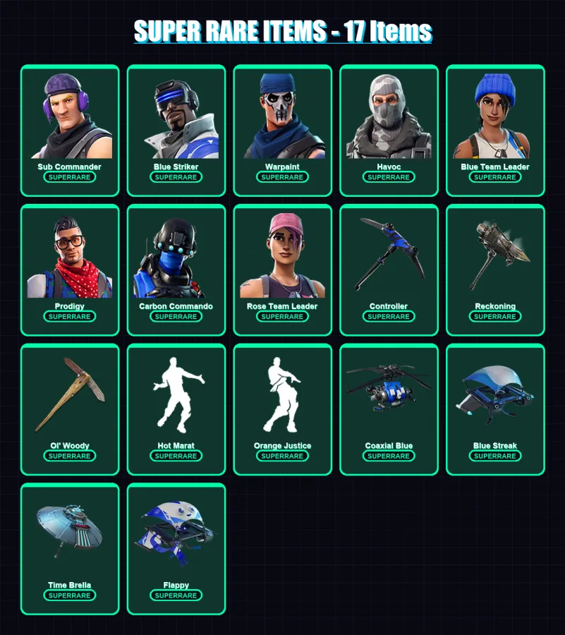 [PS4/PS5/XBOX/PC] | Sub Commander | Blue Striker | Warpaint | Havoc | Blue Team Leader | 68 skin | 56 pickaxe | 65 emote | 63 glider | Lv915