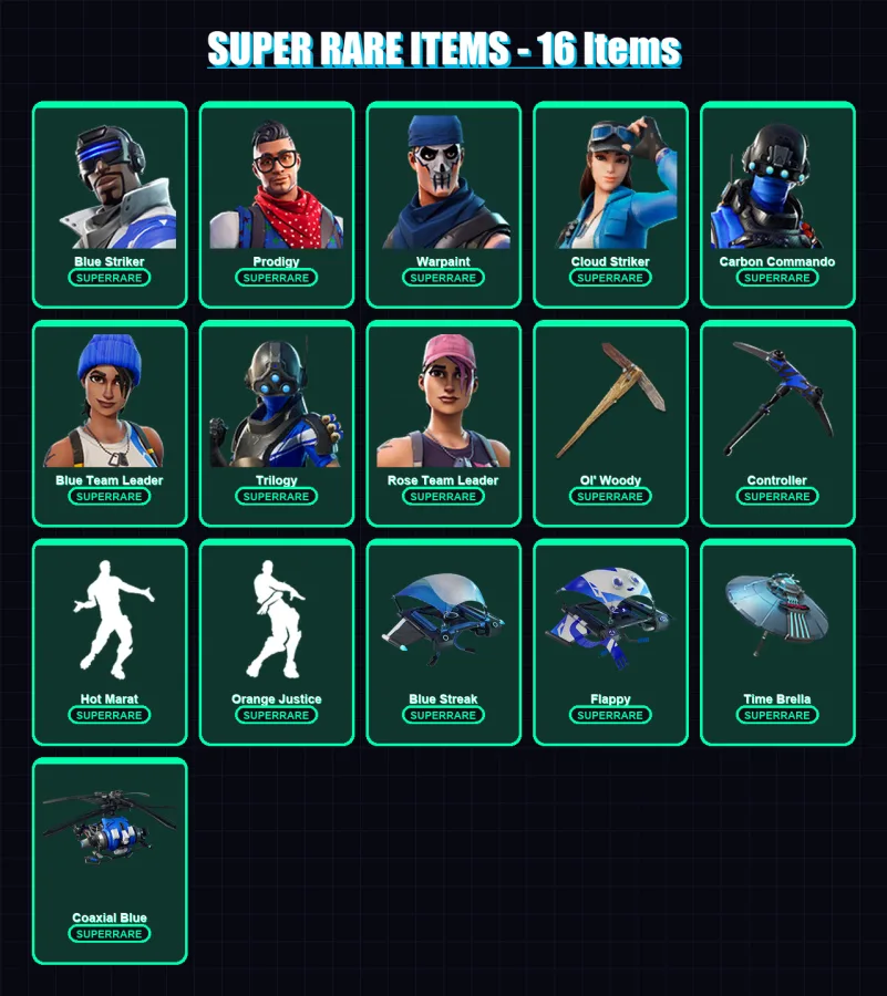 [PC/XBOX] | Blue Striker | Prodigy | Warpaint | Cloud Striker | Carbon Commando | 68 skin | 72 pickaxe | 89 emote | 79 glider | Lv1083