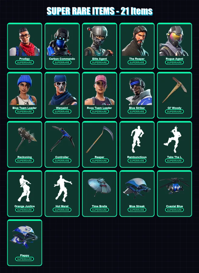 [PC/XBOX] | Prodigy | Carbon Commando | Elite Agent | The Reaper | Rogue Agent | 106 skin | 77 pickaxe | 108 emote | 83 glider | Lv1123