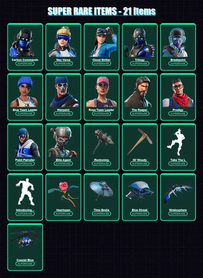 [PC/XBOX/PSN] | Carbon Commando | Neo Versa | Cloud Striker | Trilogy | Breakpoint | 214 skin | 195 pickaxe | 136 emote | 155 glider | Lv1911
