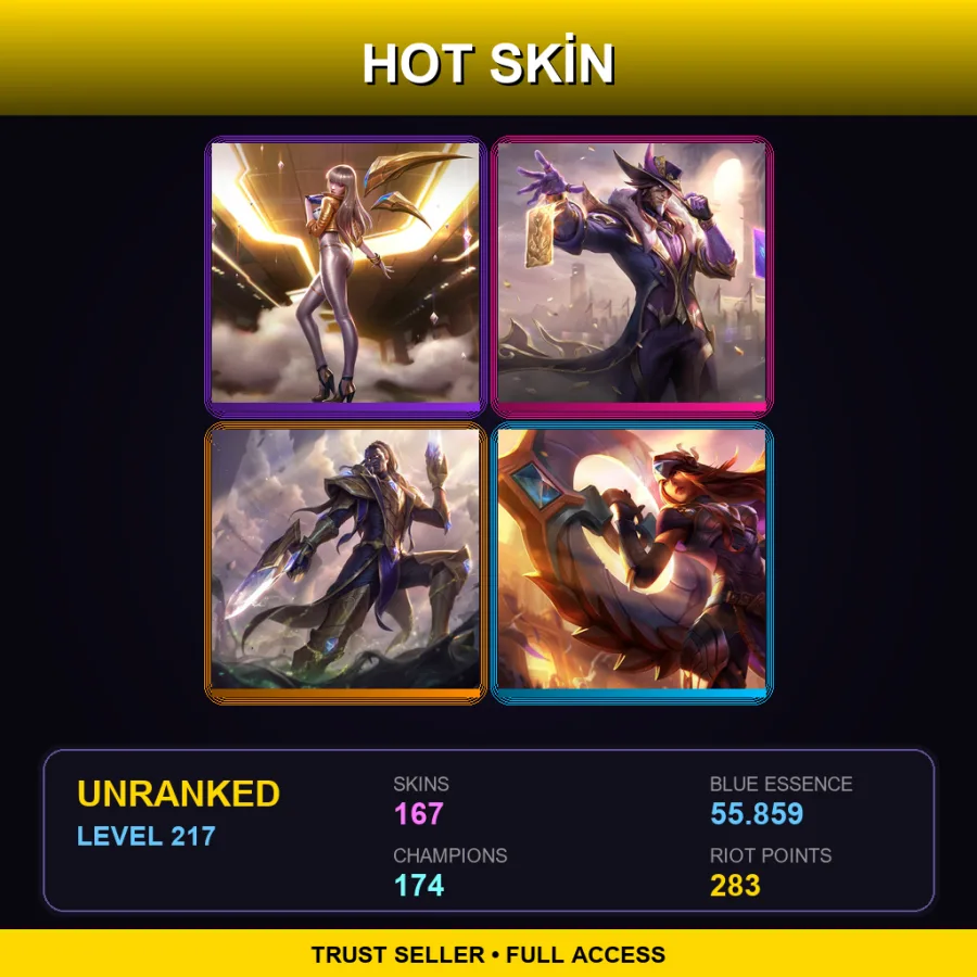 EUW | Lv217 | Unranked | 167 Skin | 174 Champ — LoL account