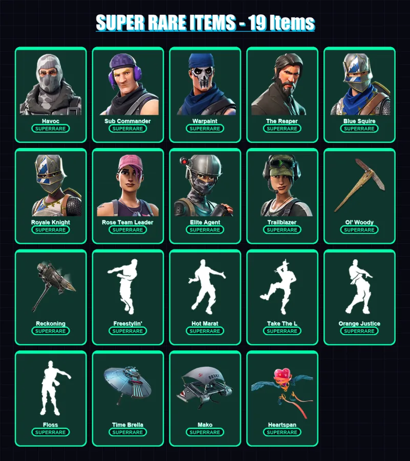 [PS4/PS5/XBOX/PC] | Havoc | Sub Commander | Warpaint | The Reaper | Blue Squire | 124 skin | 129 pickaxe | 107 emote | 140 glider | Lv1654