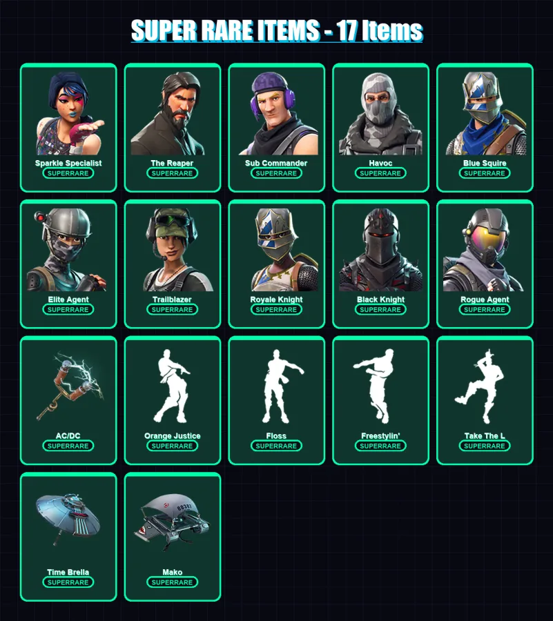 [PC/XBOX] | Sparkle Specialist | The Reaper | Sub Commander | Havoc | Blue Squire | 85 skin | 72 pickaxe | 90 emote | 73 glider | Lv1187