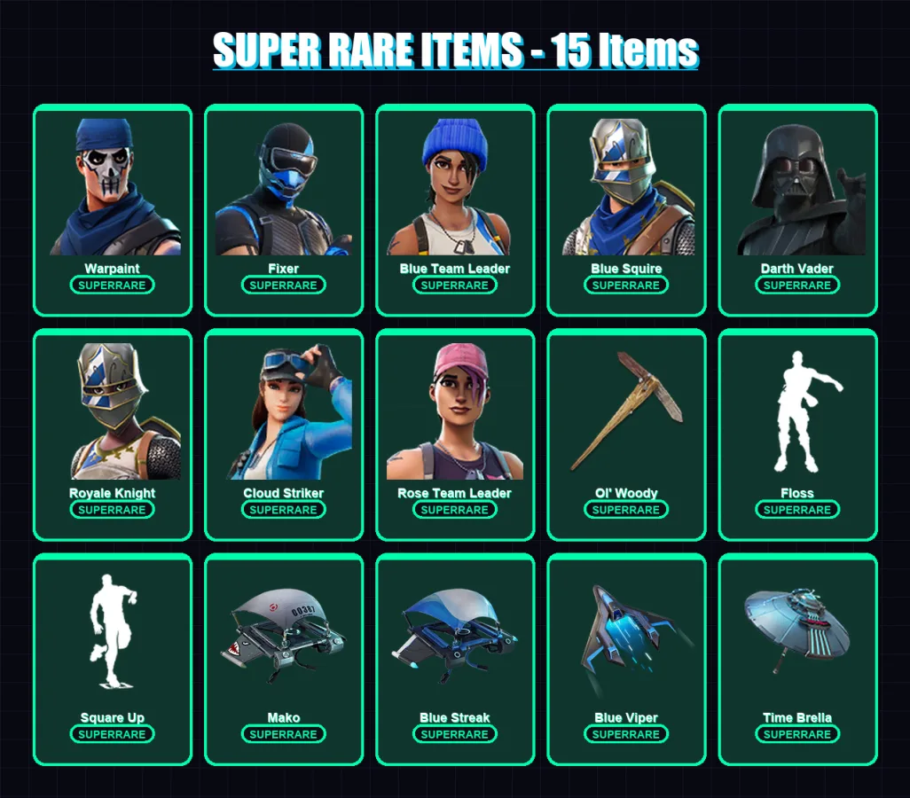 [PS4/PS5/XBOX/PC] | Warpaint | Fixer | Blue Team Leader | Blue Squire | Darth Vader | 135 skin | 150 pickaxe | 115 emote | 148 glider | Lv2072