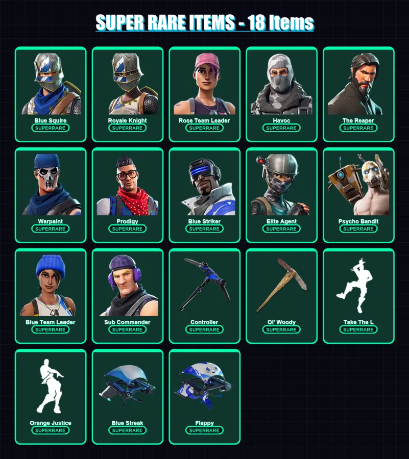[PC] | Blue Squire | Royale Knight | Rose Team Leader | Havoc | The Reaper | 25 skin | 18 pickaxe | 15 emote | 23 glider | Lv169