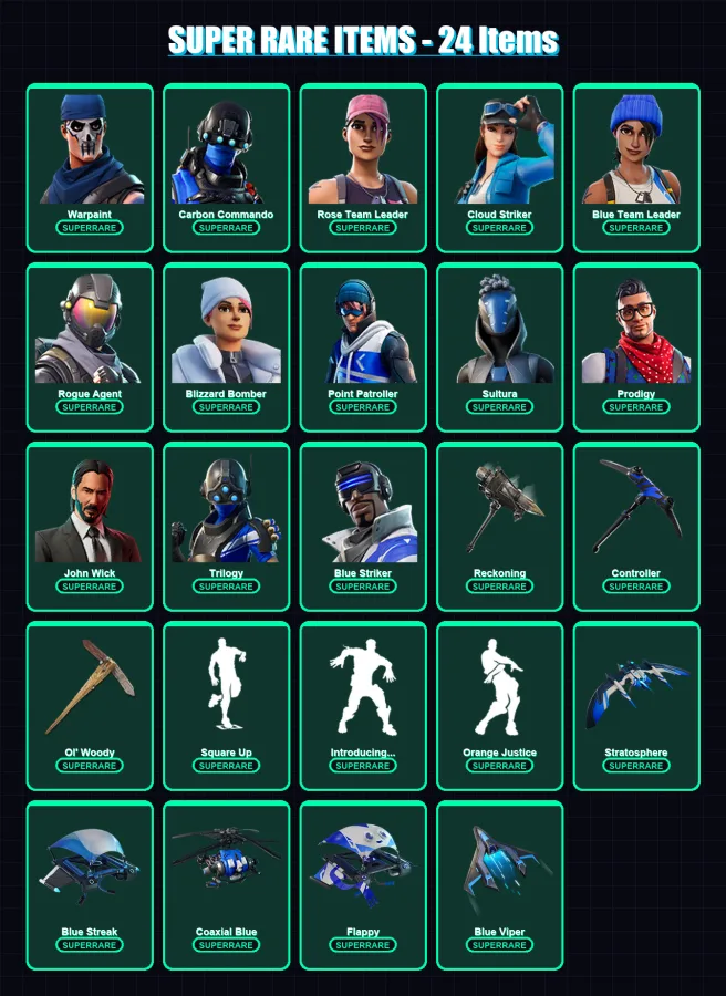 [PC] | Warpaint | Carbon Commando | Rose Team Leader | Cloud Striker | Blue Team Leader | 121 skin | 96 pickaxe | 76 emote | 84 glider | Lv778