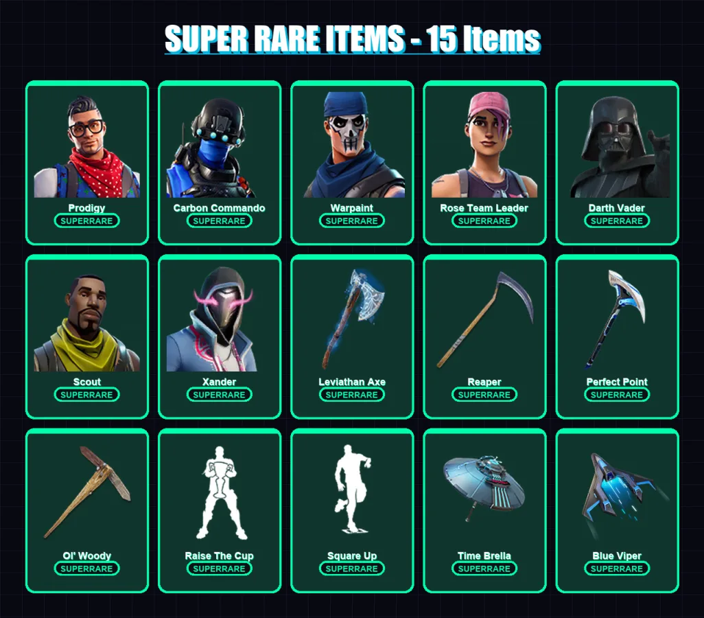 [PC/XBOX/PSN] | Prodigy | Carbon Commando | Warpaint | Rose Team Leader | Darth Vader | 179 skin | 243 pickaxe | 189 emote | 192 glider | Lv4110