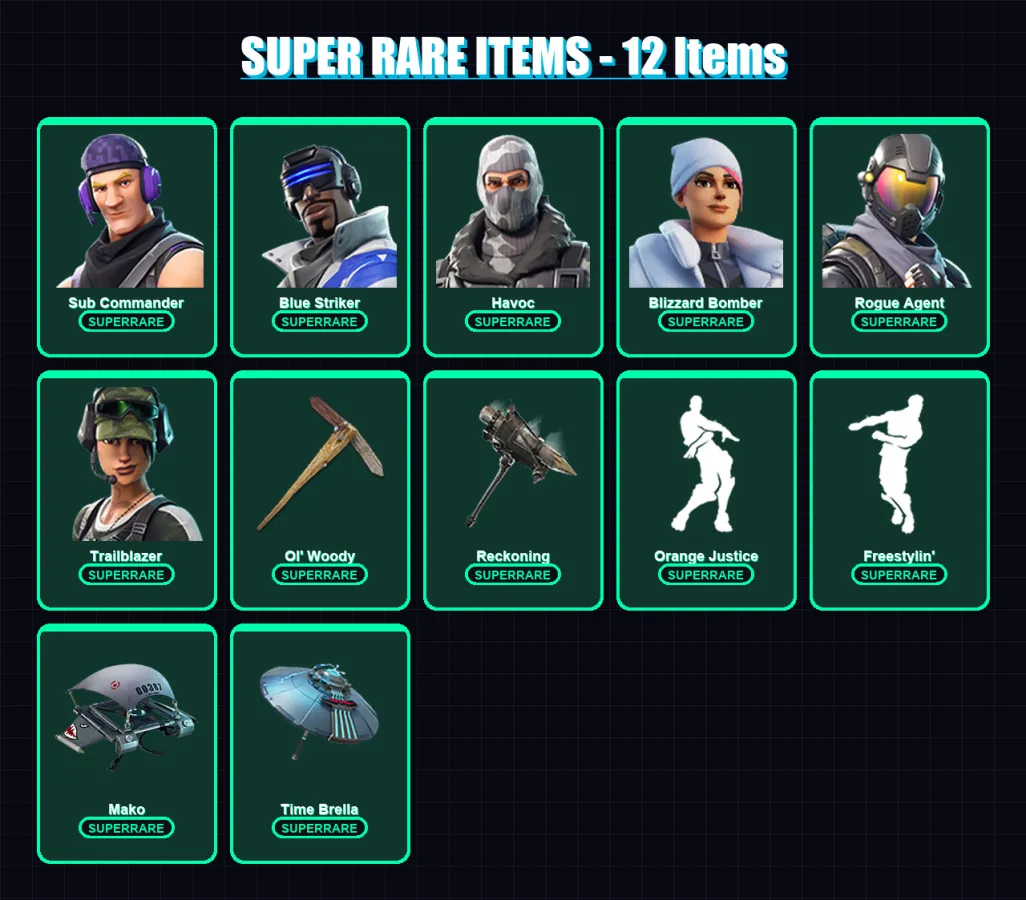 [PC] | Sub Commander | Blue Striker | Havoc | Blizzard Bomber | Rogue Agent | 80 skin | 92 pickaxe | 82 emote | 95 glider | Lv1497