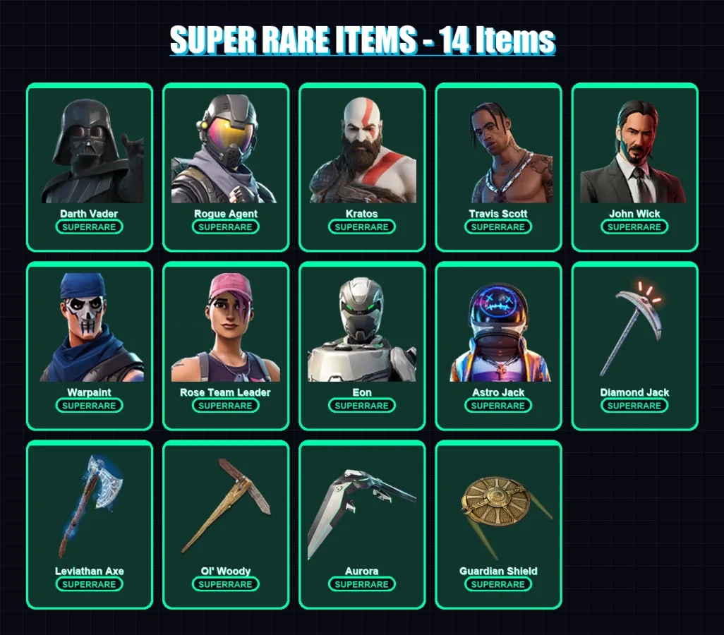 [PC] | Darth Vader | Rogue Agent | Kratos | Travis Scott | John Wick | 182 skin | 147 pickaxe | 173 emote | 114 glider | Lv1239