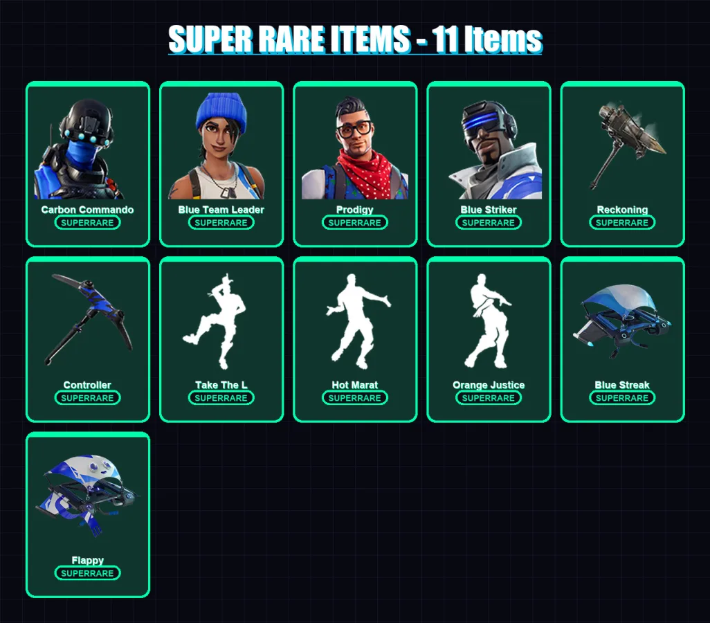 [PC/XBOX/PSN] | Carbon Commando | Blue Team Leader | Prodigy | Blue Striker | Lynx | 45 skin | 28 pickaxe | 32 emote | 32 glider | Lv334