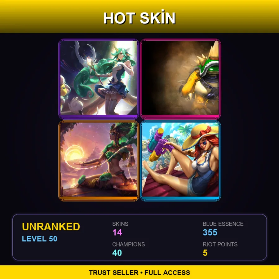VN | Star Guardian Soraka | King Rammus | Sun Goddess Karma | Pool Party Miss Fortune | 14 Skin | 40 Champ | Lv50