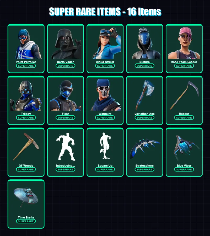 [PC/XBOX] | Point Patroller | Darth Vader | Cloud Striker | Sultura | Rose Team Leader | 215 skin | 220 pickaxe | 168 emote | 162 glider | Lv1982
