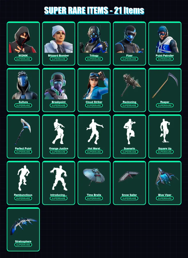 [PC/XBOX] | IKONIK | Blizzard Bomber | Trilogy | Fixer | Point Patroller | 63 skin | 54 pickaxe | 112 emote | 65 glider | Lv730 — Fortnite account