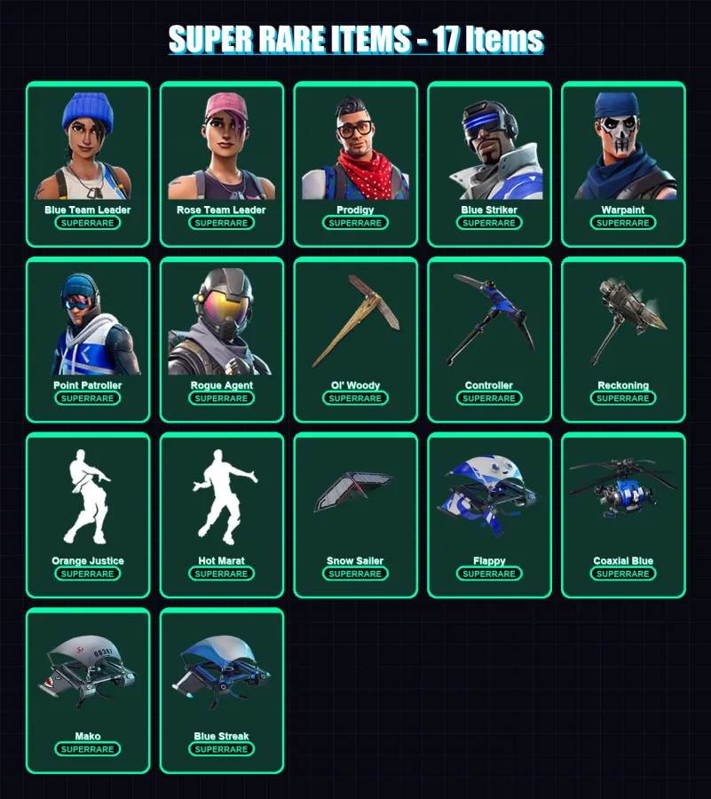 [PS4/PS5/XBOX/PC] | Blue Team Leader | Rose Team Leader | Prodigy | Blue Striker | Warpaint | 88 skin | 71 pickaxe | 70 emote | 80 glider | Lv963