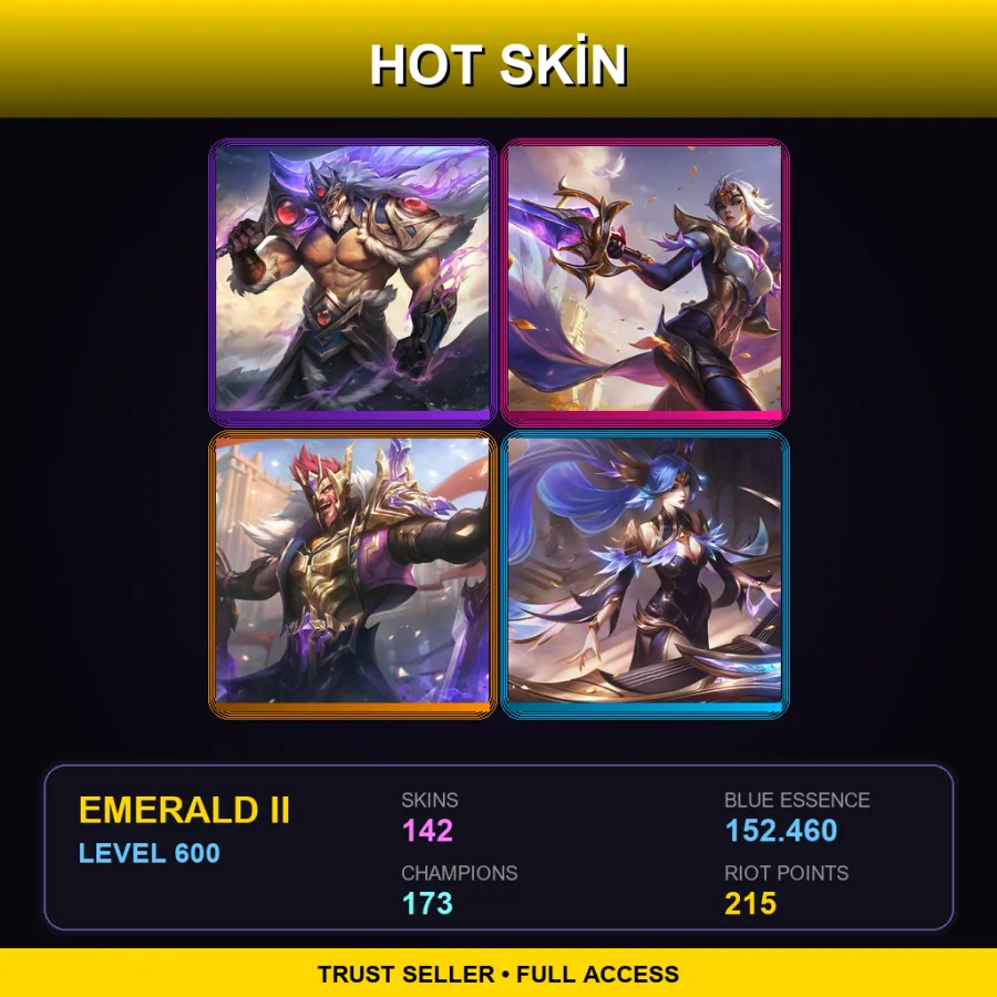 EUW | Victorious Tryndamere | Victorious Fiora | Victorious Draven | Victorious Sona | 142 Skin | 173 Champ | Emerald II | Lv600