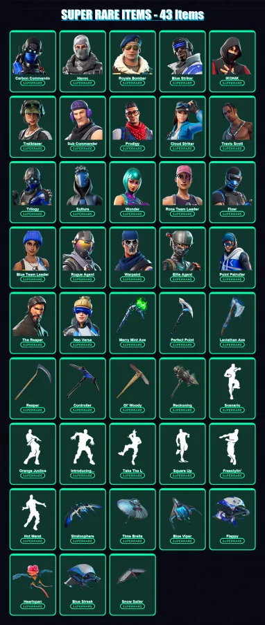 [PS4/PS5/XBOX/PC] | Carbon Commando | Havoc | Royale Bomber | Blue Striker | IKONIK | 321 skin | 315 pickaxe | 261 emote | 221 glider | Lv3609