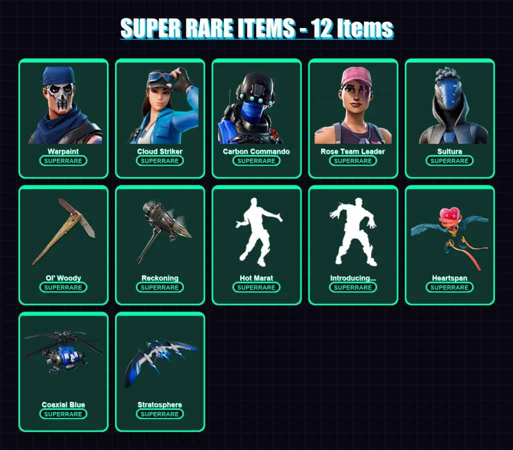 [PS4/PS5/XBOX/PC] | Warpaint | Cloud Striker | Carbon Commando | Rose Team Leader | Sultura | 172 skin | 188 pickaxe | 158 emote | 168 glider | Lv21
