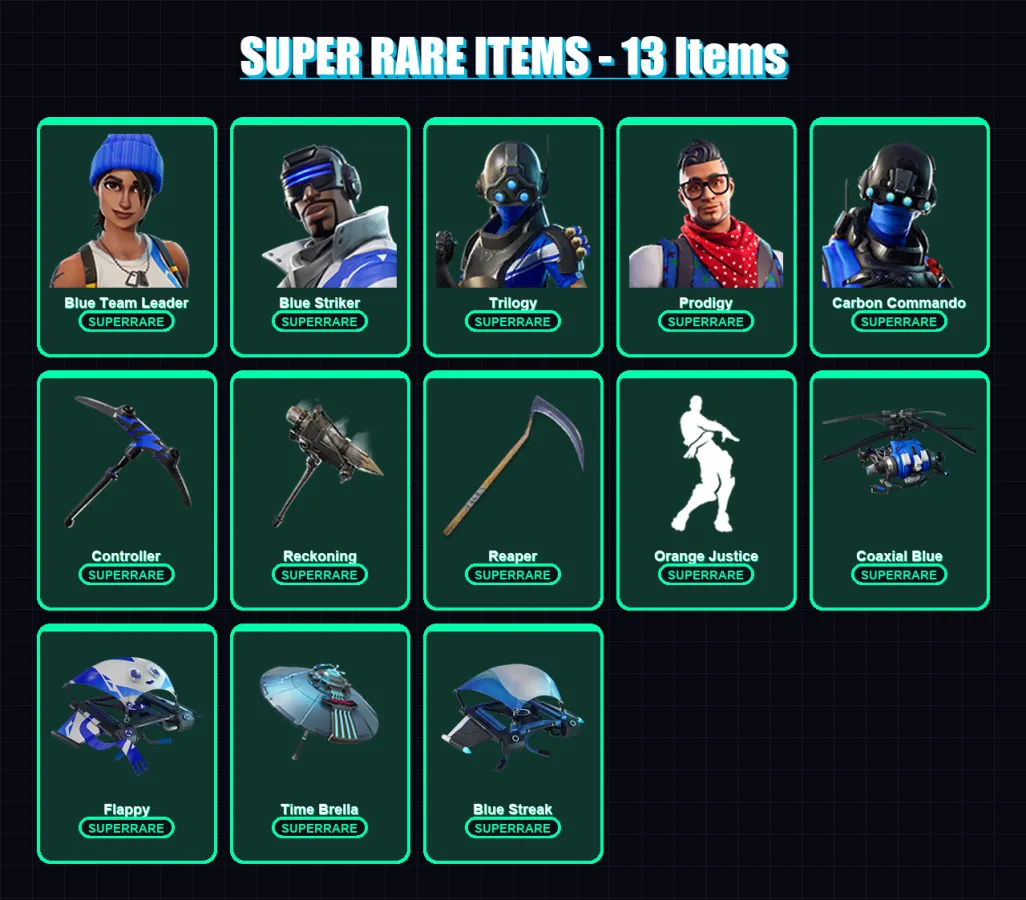 [PC/XBOX/PSN] | Blue Team Leader | Blue Striker | Trilogy | Prodigy | Carbon Commando | 79 skin | 66 pickaxe | 66 emote | 63 glider | Lv828