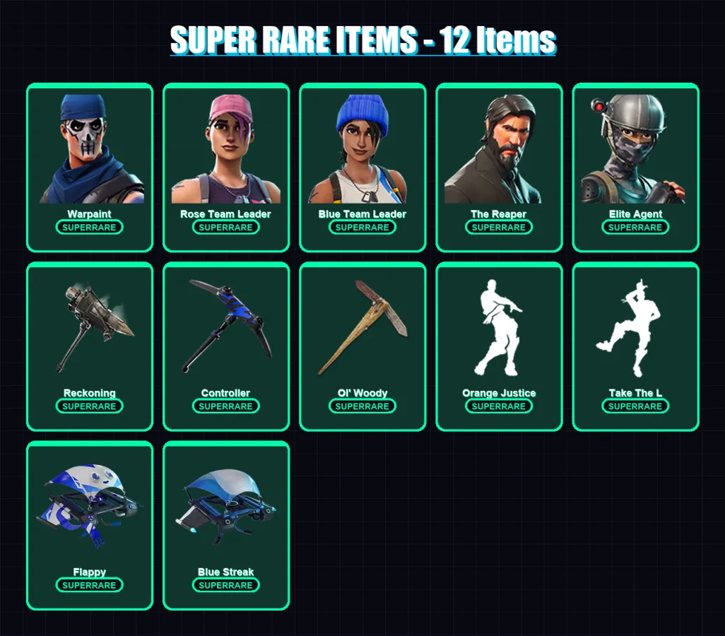[PS4/PS5/XBOX/PC] | Warpaint | Rose Team Leader | Blue Team Leader | The Reaper | Elite Agent | 49 skin | 60 pickaxe | 62 emote | 61 glider | Lv696