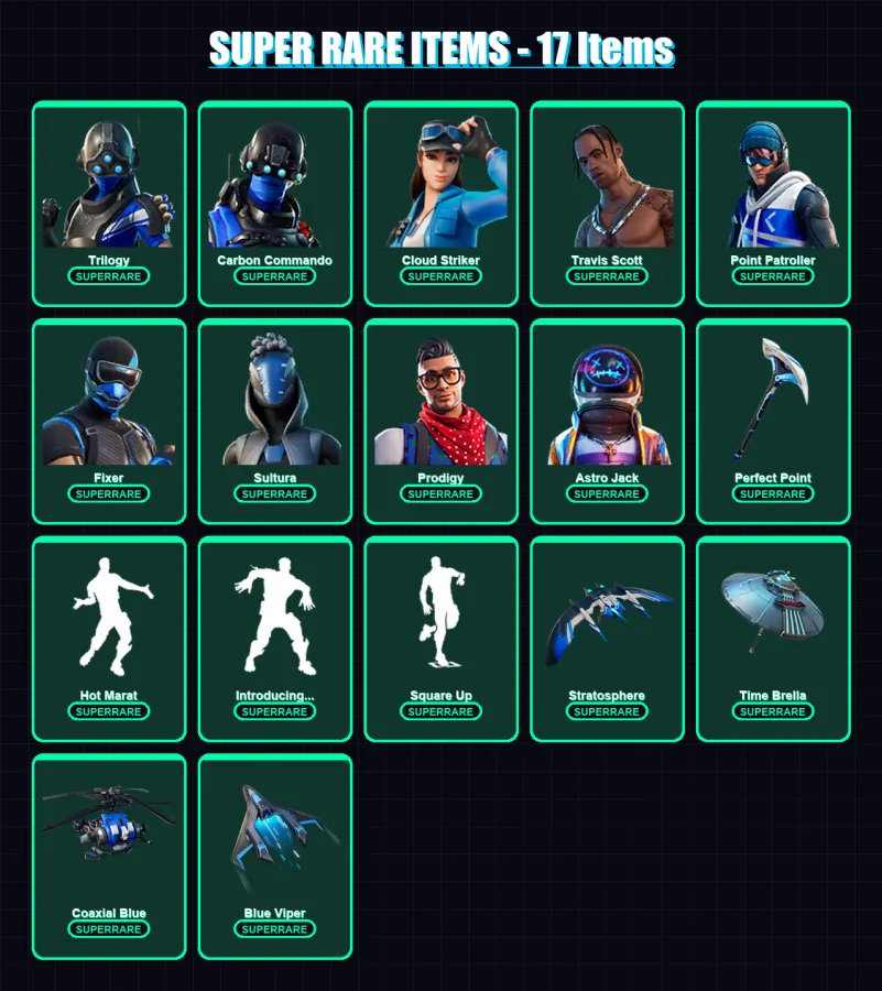 [PC/XBOX] | Trilogy | Carbon Commando | Cloud Striker | Travis Scott | Point Patroller | 42 skin | 35 pickaxe | 46 emote | 38 glider | Lv432