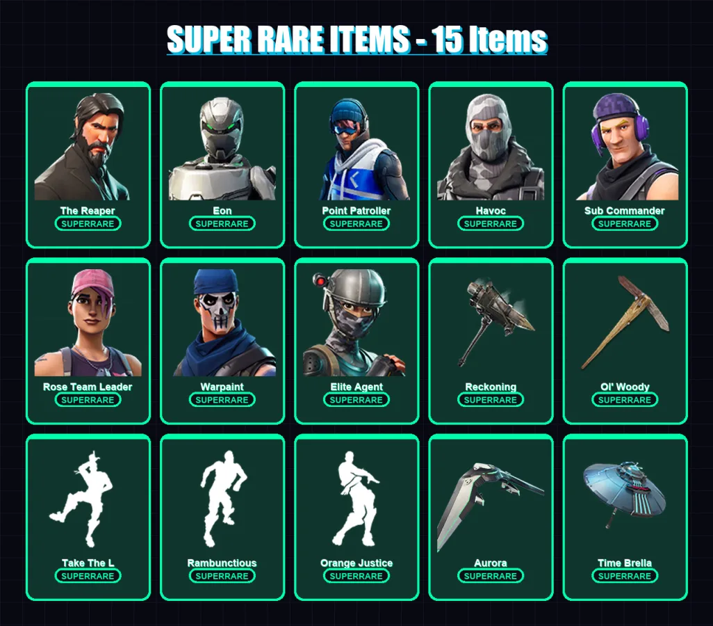[PC] | The Reaper | Eon | Point Patroller | Havoc | Sub Commander | 32 skin | 37 pickaxe | 50 emote | 41 glider | Lv450