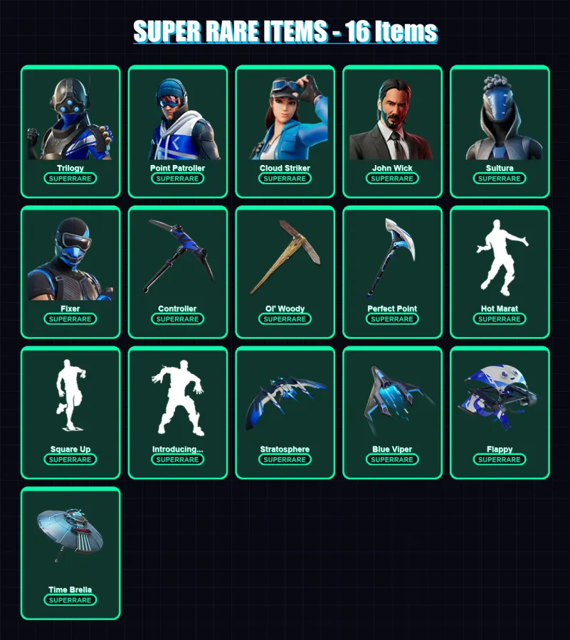 [PS4/PS5/XBOX/PC] | Trilogy | Point Patroller | Cloud Striker | John Wick | Sultura | 216 skin | 227 pickaxe | 215 emote | 175 glider | Lv2676