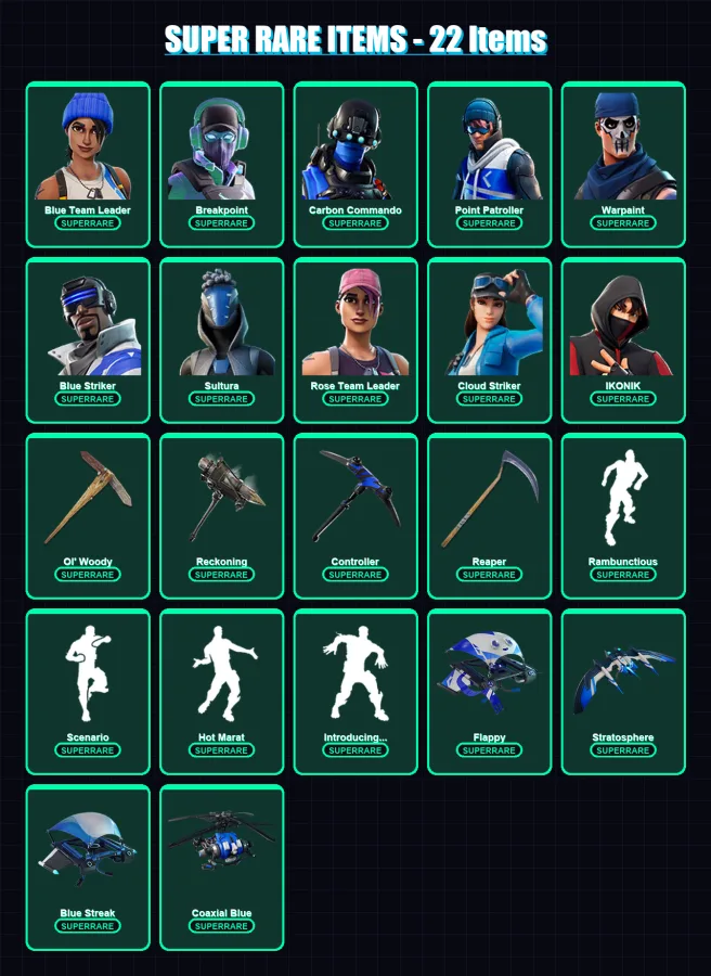 [PS4/PS5/XBOX/PC] | Blue Team Leader | Breakpoint | Carbon Commando | Point Patroller | Warpaint | 85 skin | 66 pickaxe | 78 emote | 72 glider | Lv9