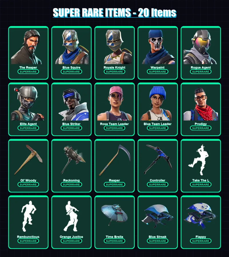 [PC/XBOX/PSN] | The Reaper | Blue Squire | Royale Knight | Warpaint | Rogue Agent | 125 skin | 125 pickaxe | 112 emote | 103 glider | Lv1762