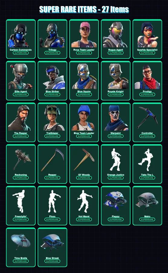 [PC/XBOX] | Carbon Commando | Trilogy | Rose Team Leader | Rogue Agent | Sparkle Specialist | 110 skin | 93 pickaxe | 98 emote | 94 glider | Lv1513