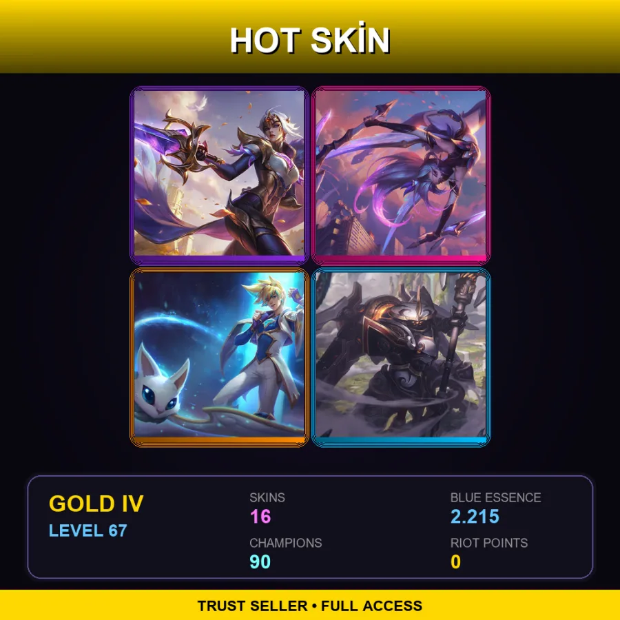 LAS | Victorious Fiora | Star Guardian Akali | Star Guardian Ezreal | Mecha Kingdoms Jax | 16 Skin | 90 Champ | Gold IV | Lv67