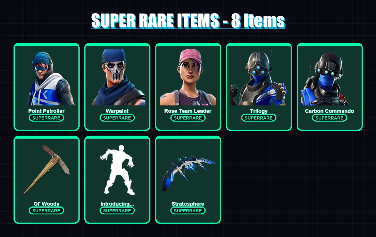 [PC/XBOX/PSN] | Point Patroller | Warpaint | Rose Team Leader | Trilogy | Carbon Commando | 8 skin | 18 pickaxe | 17 emote | 20 glider | Lv315