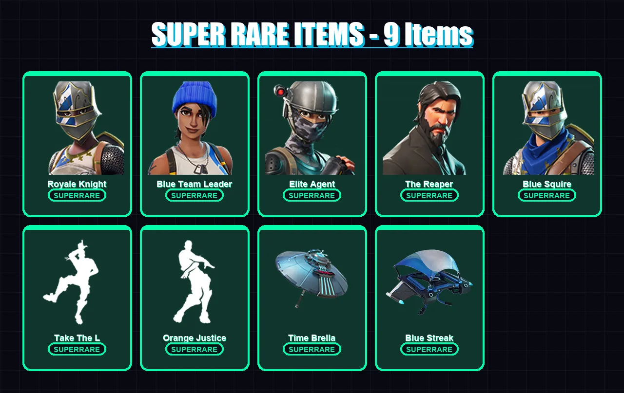 [PS4/PS5/XBOX/PC] | Royale Knight | Blue Team Leader | Elite Agent | The Reaper | Blue Squire | 10 skin | 16 pickaxe | 24 emote | 25 glider | Lv464
