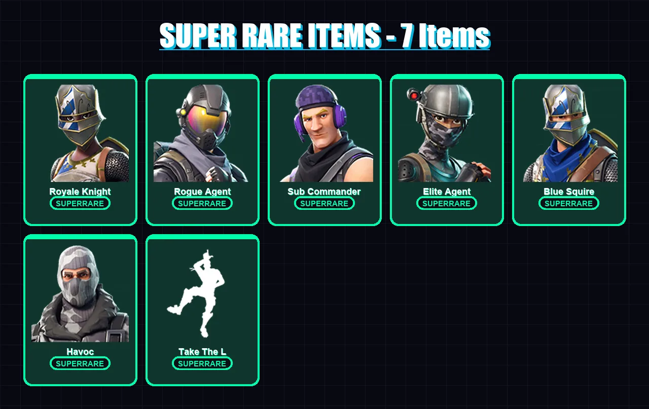 [PC/XBOX/PSN] | Royale Knight | Rogue Agent | Sub Commander | Elite Agent | Blue Squire | 11 skin | 6 pickaxe | 11 emote | 8 glider | Lv140