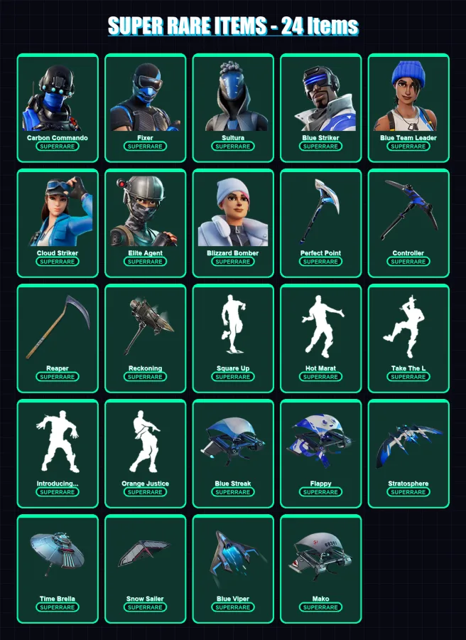 [PS4/PS5/XBOX/PC] | Carbon Commando | Fixer | Sultura | Blue Striker | Blue Team Leader | 130 skin | 158 pickaxe | 122 emote | 142 glider | Lv2388