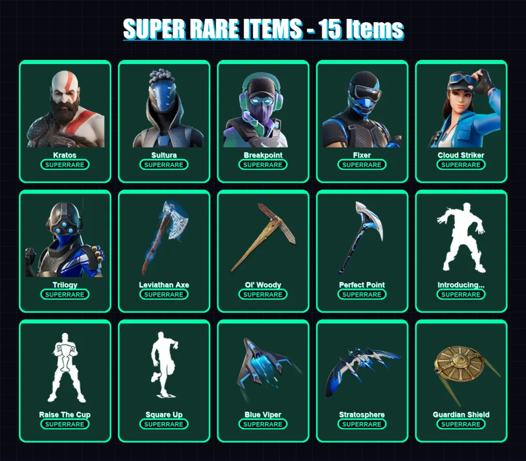 [PC/XBOX/PSN] | Kratos | Sultura | Breakpoint | Fixer | Cloud Striker | 125 skin | 105 pickaxe | 108 emote | 81 glider | Lv1071