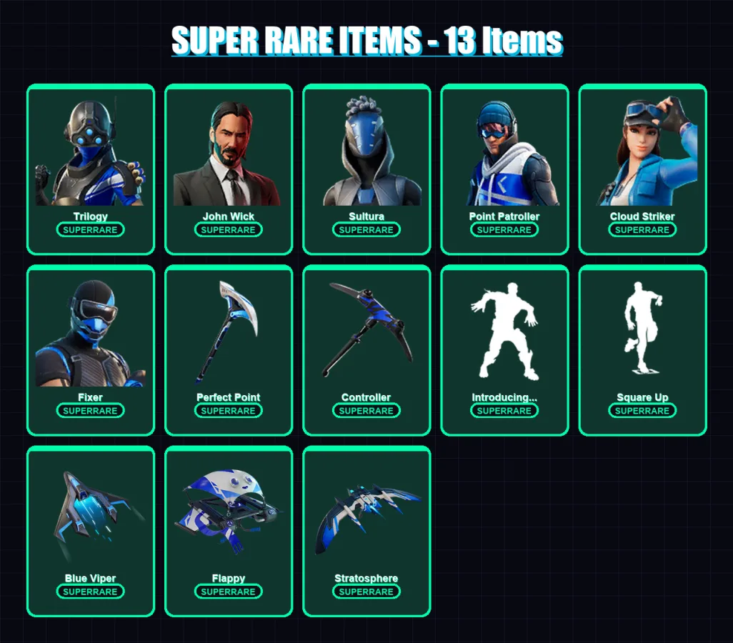 [PS4/PS5/XBOX/PC] | Trilogy | John Wick | Sultura | Point Patroller | Cloud Striker | 20 skin | 45 pickaxe | 43 emote | 42 glider | Lv555