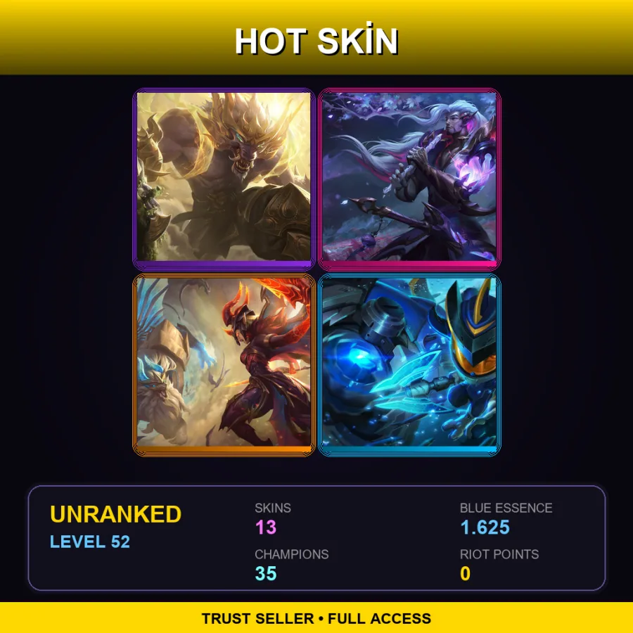 LAS | Lunar Guardian Warwick | Dream Dragon Yasuo | Dragonslayer Kayle | Super Galaxy Fizz | 13 Skin | 35 Champ | Lv52