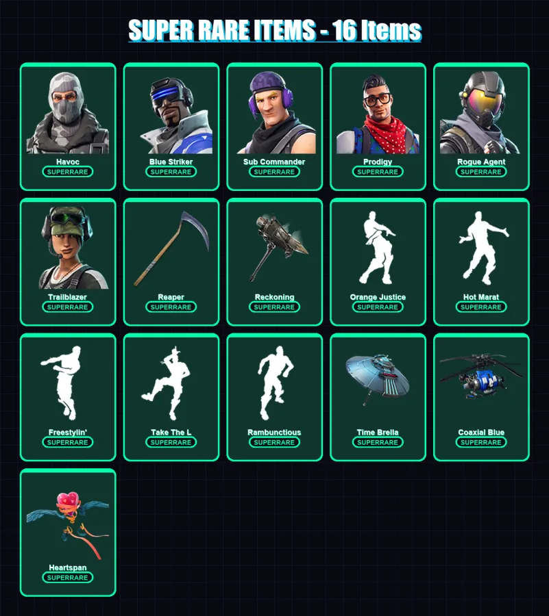 [PS4/PS5/XBOX/PC] | Havoc | Blue Striker | Sub Commander | Prodigy | Rogue Agent | 74 skin | 71 pickaxe | 89 emote | 78 glider | Lv1336