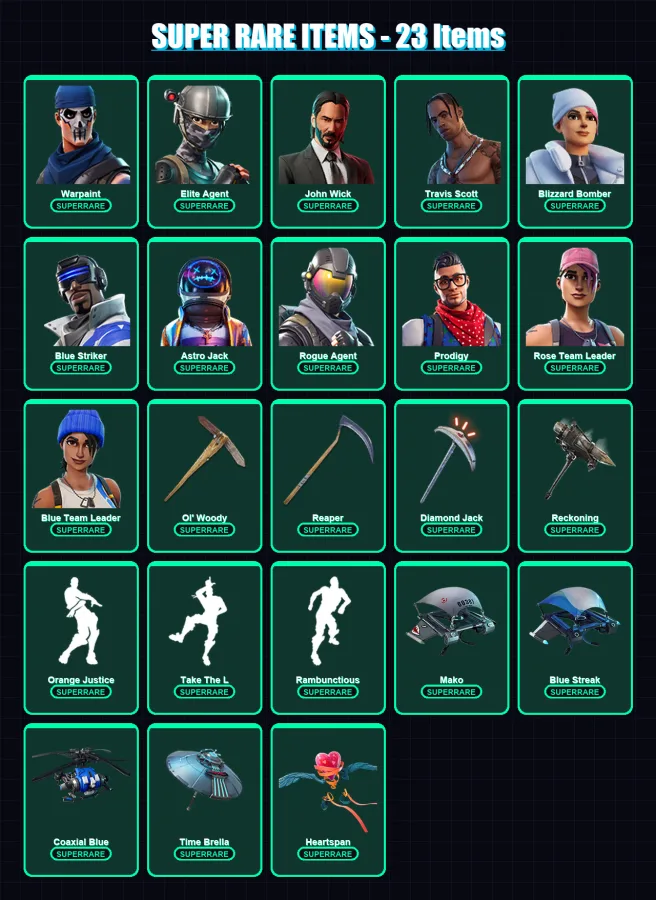 [PS4/PS5/XBOX/PC] | Warpaint | Elite Agent | John Wick | Travis Scott | Blizzard Bomber | 143 skin | 202 pickaxe | 189 emote | 165 glider | Lv3254