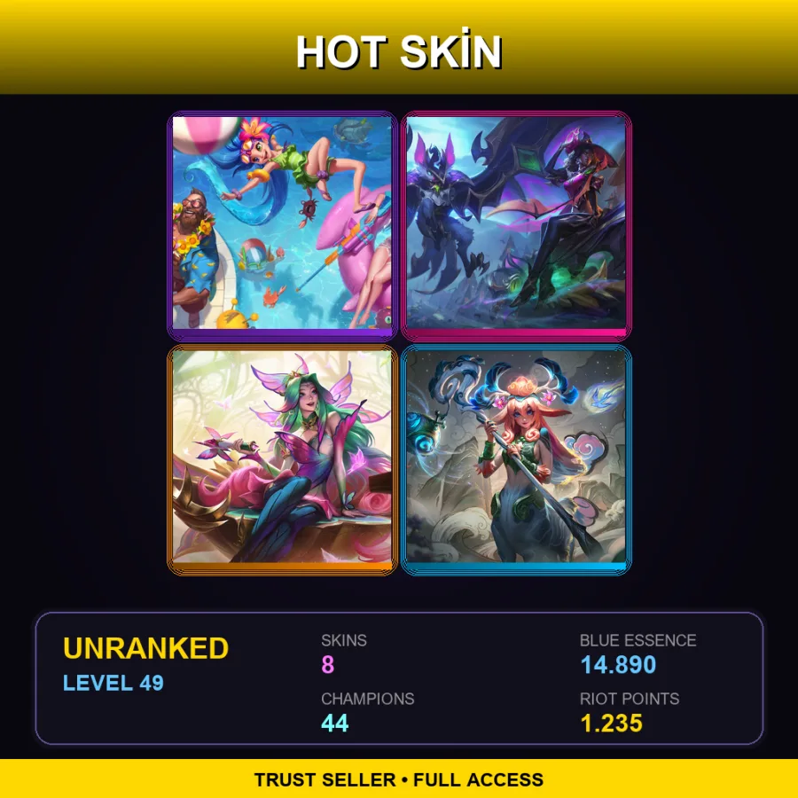 RU | Pool Party Zoe | Bewitching Senna | Faerie Court Seraphine | Shan Hai Scrolls Lillia | 8 Skin | 44 Champ | Lv49
