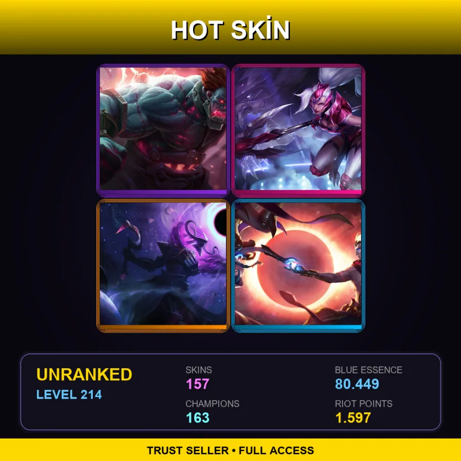 EUW | Lv214 | Unranked | 157 Skin | 163 Champ — LoL account