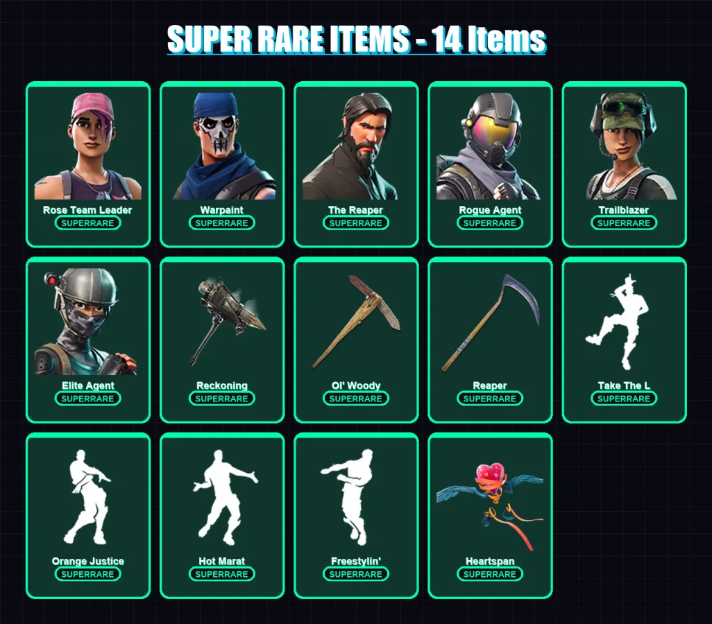 [PC/XBOX/PSN] | Rose Team Leader | Warpaint | The Reaper | Rogue Agent | Trailblazer | 96 skin | 81 pickaxe | 81 emote | 82 glider | Lv981