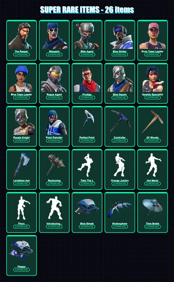 [PC/XBOX] | The Reaper | Warpaint | Elite Agent | Blue Striker | Rose Team Leader | 174 skin | 164 pickaxe | 155 emote | 144 glider | Lv1627