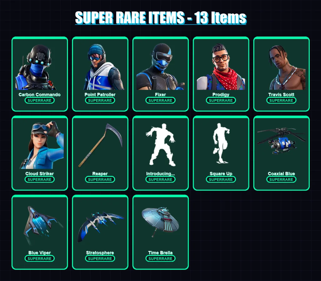 [PS4/PS5/XBOX/PC] | Carbon Commando | Point Patroller | Fixer | Prodigy | Travis Scott | 145 skin | 153 pickaxe | 123 emote | 149 glider | Lv2174