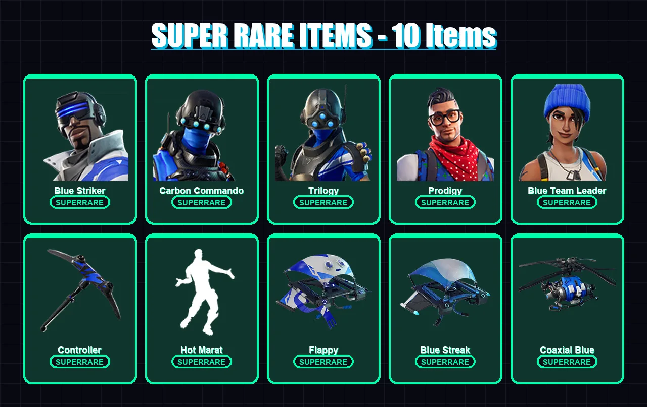 [PS4/PS5/XBOX/PC] | Blue Striker | Carbon Commando | Trilogy | Prodigy | Blue Team Leader | 5 skin | 6 pickaxe | 5 emote | 8 glider | Lv116