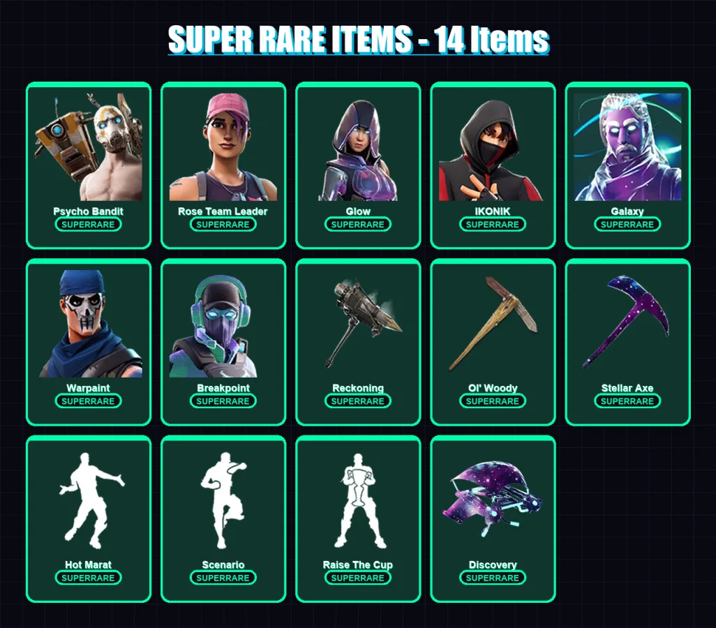 [SWITCH/PC] | Psycho Bandit | Rose Team Leader | Glow | IKONIK | Galaxy | 124 skin | 103 pickaxe | 142 emote | 94 glider | Lv1107