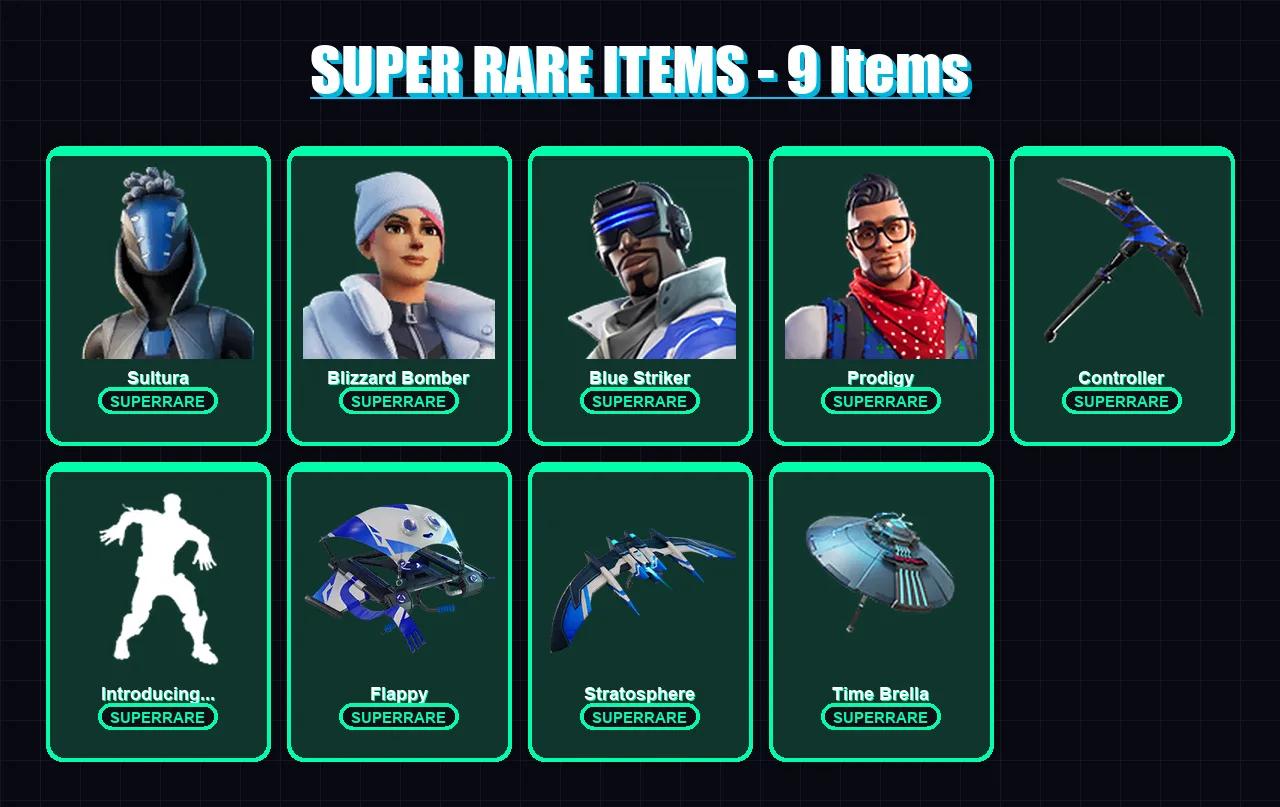 [PS4/PS5/XBOX/PC] | Sultura | Blizzard Bomber | Blue Striker | Prodigy | Hybrid | 51 skin | 95 pickaxe | 81 emote | 86 glider | Lv1095