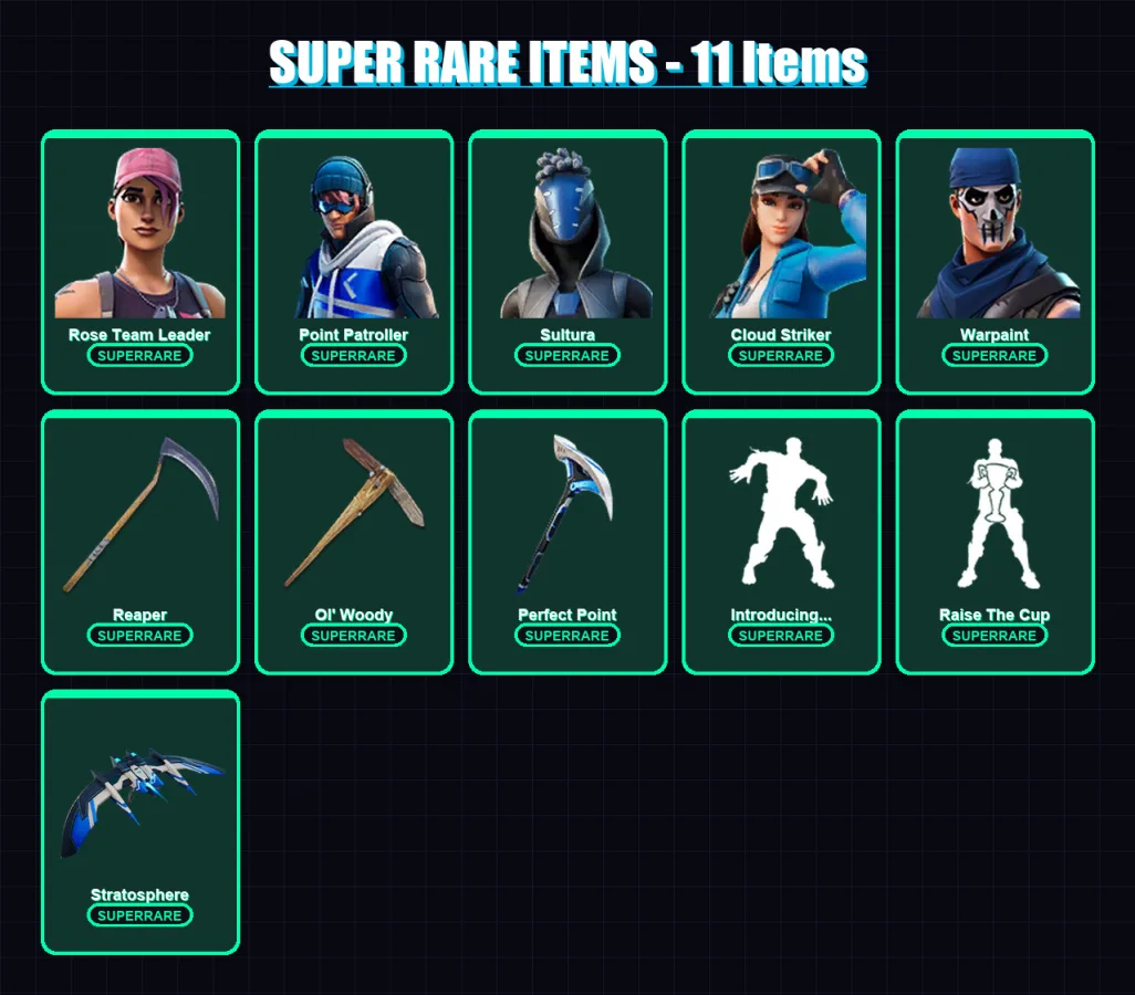 [PC/XBOX/PSN] | Rose Team Leader | Point Patroller | Sultura | Cloud Striker | Warpaint | 55 skin | 64 pickaxe | 77 emote | 55 glider | Lv1163