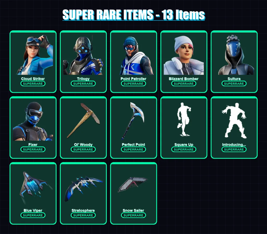 [PC] | Cloud Striker | Trilogy | Point Patroller | Blizzard Bomber | Sultura | 92 skin | 132 pickaxe | 98 emote | 91 glider | Lv1522